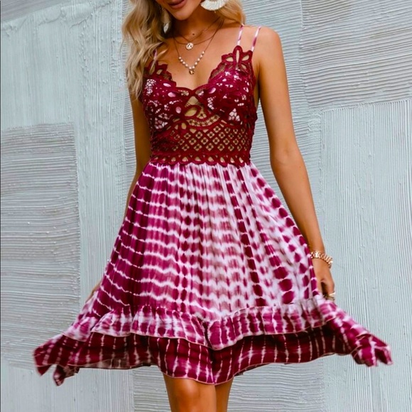 Lace Tiered Layer Spaghetti Strap Tie Dye Dress - Picture 1 of 6